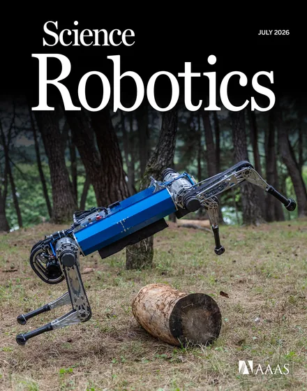 Science Robotics cover featuring a quadruped robot stepping over a log in a forest