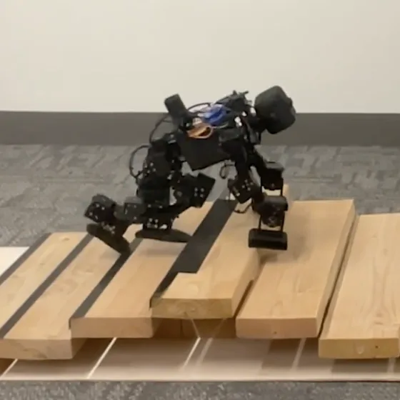 A small humanoid robot climbing a set of wooden steps